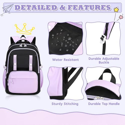 MUSEVOS Girls Backpack, Ideal School Backpack for Girls from Elementary to Teen Years, Kawaii Bookbag Cute Large Capacity (BLACK&PURPLE) - color: Black&purple