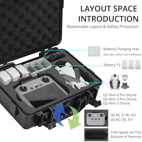 Professional Mini 4 Pro Hard Case, Waterproof Travel Carrying Case Bag for DJI Mini 4/3 Pro, with RC-N2/RC 2 Remote & Accessories - color: Mini 3/4 Pro Hard Case