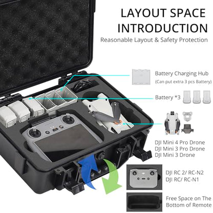 Professional Mini 4 Pro Hard Case, Waterproof Travel Carrying Case Bag for DJI Mini 4/3 Pro, with RC-N2/RC 2 Remote & Accessories - color: Mini 3/4 Pro Hard Case