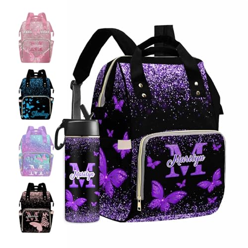 MyPupSocks Personalized Diaper Backpack Butterfly, Custom Sparkle Glitter Diaper Bag for Baby Boy Customized Nappy Bag Shoulder Bags Casual Daypack for Mom Baby Girls Boys Travel - color: Color 02