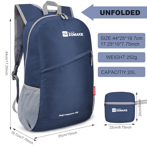 ZOMAKE Lightweight Packable Backpack 20L,Foldable Backpacks Small Daypack for Hiking Water Resistant Day Bag for Travel(Royal Blue) - color: Royal Blue