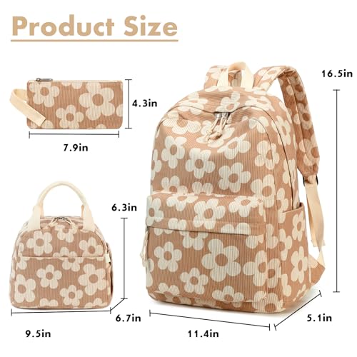 Bluboon School Backpack Set Girls Womens Laptop Bookbag Casual Daypack Fits 15 inch Laptop with Lunch Tote Bag and Pencil Bag - color: Beige Flower Brown Base