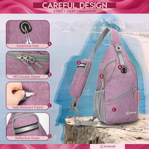ZOMAKE Sling Bag,Small Crossbody Sling Backpack,Water Resistant Shoulder Daypack for Travel,Anti Thief Chest Bag for Hiking(Light Purple) - color: Light Purple