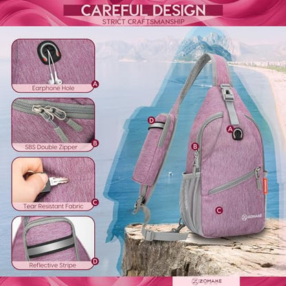 ZOMAKE Sling Bag,Small Crossbody Sling Backpack,Water Resistant Shoulder Daypack for Travel,Anti Thief Chest Bag for Hiking(Light Purple) - color: Light Purple