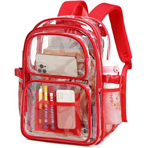 abshoo Large Heavy Duty Clear Backpack For School Bookbag Transparent Multi Pocket Backpacks (Red) - color: Red