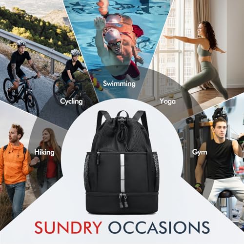 PinCute Drawstring Gym Bag for Men/Women - Mesh Beach Swim Bags Sports Backpack with Wet Pocket&Shoe Compartment, Lightweight - color: Black