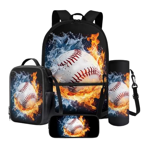 Baseball Water Flame Backpack 4 Pieces Backpack for Children Casual Reusable Casual Preschool School Bag Set with Lunch Bag Pencil Case Water Bottle Sleeve - color: Baseball Water Flame