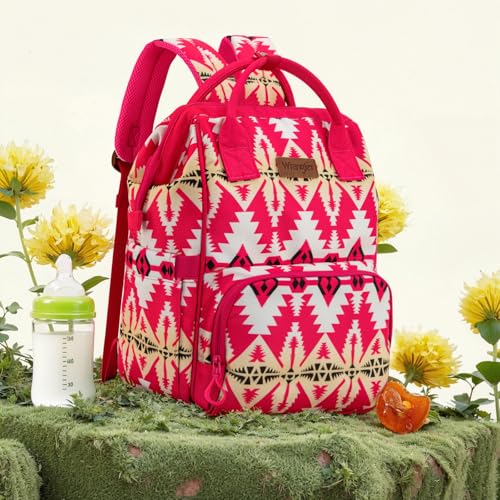 Montana West Wrangler Callie Diaper Bag Backpack with Stroller Straps Western Pattern Multifunction Baby Travel Bag WG2204-91102HPK - color: Tt-hot Pink