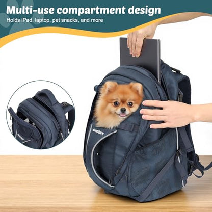 Dog Backpack Carrier for Hiking, Pet Travel Bag up to 18 lbs, 2-in-1 Foldable Cat Backpack with Laptop Compartment, Reinforced Ventilated 600D Nylon Rucksack for Walking Camping Commuting - color: Navy Blue