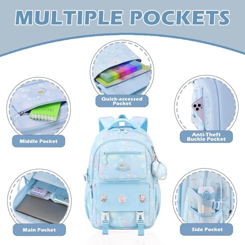 Cute Backpack for Girls,15.6'' School Backpacks for Girls,Waterproof & Large Capacity Kids Backpack Ages 6-12 (Blue)