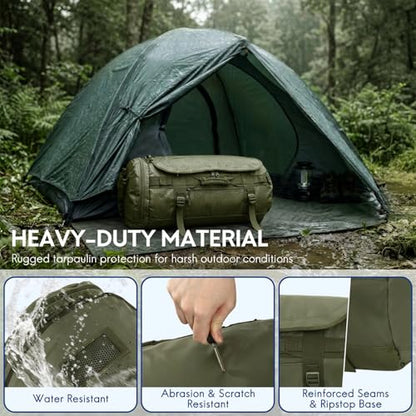 Haimont Heavy Duty Convertible Travel Duffel Backpack, Army Green, 60L | Shoe Compartment, Water-Resistant Tarpaulin, Wide U-Shaped Opening - color: Green, size: 60L