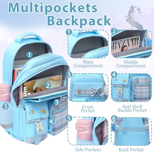 Alrisg Girls School Backpack Preppy Plaid Bookbag Lightweight Backpack for Girls Elementary Middle School Bow Blue - color: Blue, size: 17in