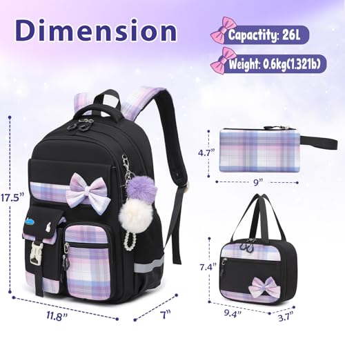 Alrisg Girls School Backpack Preppy Plaid Bookbag Lightweight Backpack for Girls Elementary Middle School Bow Black Set - color: Black, size: 17in Set