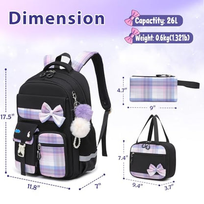 Alrisg Girls School Backpack Preppy Plaid Bookbag Lightweight Backpack for Girls Elementary Middle School Bow Black Set - color: Black, size: 17in Set