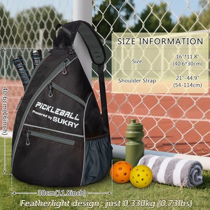 SUKRY Pickleball Bag Sling backpack with Water Bottle Holder for Men and Women Pickle ball Accessories Water-Resistant Sprot Bag - color: Grey