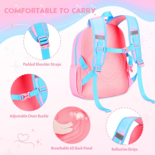 Kids Backpack for Girls 5-8, 4PCS Toddler Backpack with 13oz Kids Insulated Water Bottle, Lunch Box and Pencil Case, Girls Bookbag Schoolbag for Primary Kindergarten Elementary School - color: Pink Blue