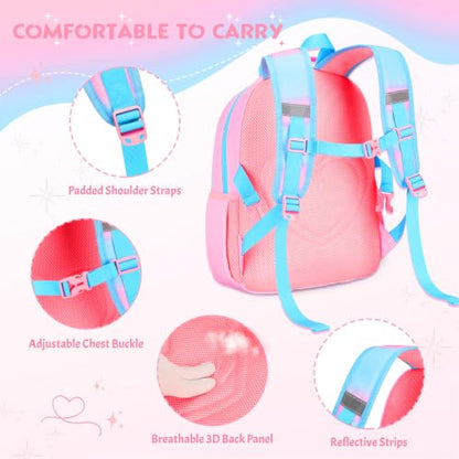 Kids Backpack for Girls 5-8, 4PCS Toddler Backpack with 13oz Kids Insulated Water Bottle, Lunch Box and Pencil Case, Girls Bookbag Schoolbag for Primary Kindergarten Elementary School - color: Pink Blue