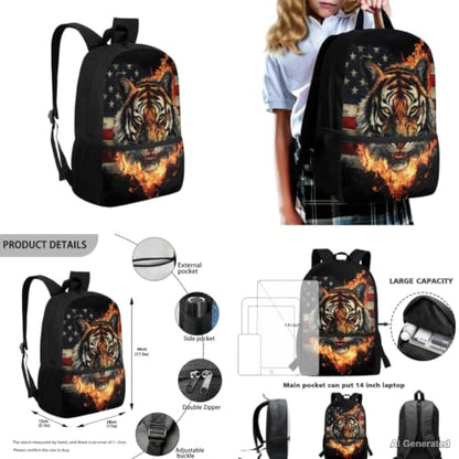 American Flag Tiger Backpack Set for Boys School Backpack with Lunch Bag Water Bottle Carrier Pencil Case 4PCS Set Kids Bookbag for Kindergarten Primary Elementary School Bags with Handle - color: American Flag Tiger