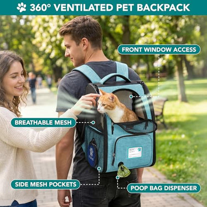 PetAmi Expandable Dog Backpack Carrier for Cats & Pets, Breathable Cat Carrier Backpack with Top Window & Multi-Entry, Ventilated Foldable Travel Carrier for Small Medium Pets up to 18 lbs, Teal Blue - color: Turquoise