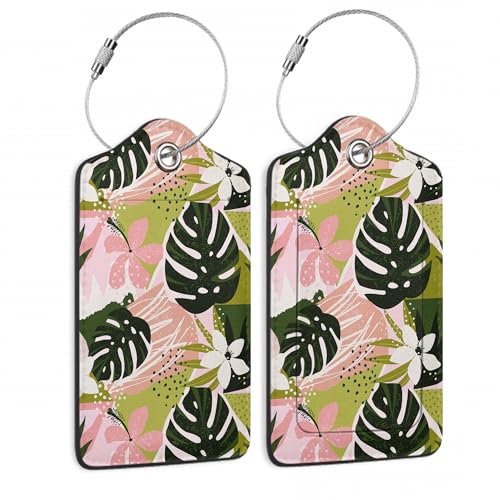 Luggage Tags for Suitcase,2 Pack Boho Flowers Tropical Leaves Luggage Tag PU Leather Privacy Cover ID Label with Stainless Steel Loop for Women Men Teens Travel - color: Boho Flowers Hibiscus Tropical Plants