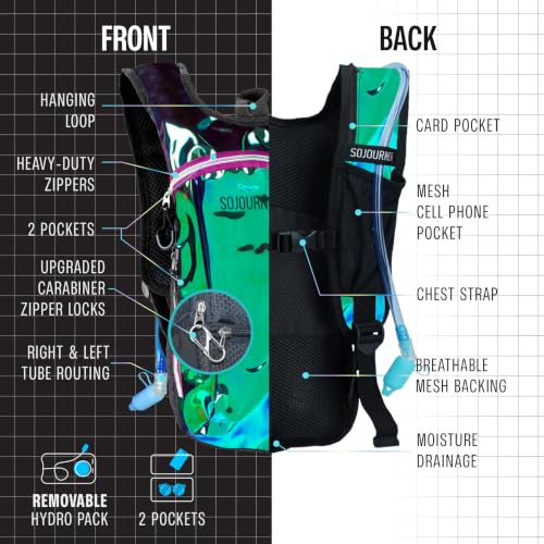 Sojourner Rave Hydration Pack - Hydration Backpack - Hydropack with 2L Bladder - Water Backpack for Festivals, Hiking, Running, Biking and More - color: Transparent - Purple