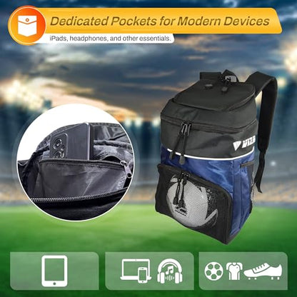 Vizari Soccer Backpack Soccer Bag | Water resistant Durable Equipment Bag for Football, Basketball, Volleyball | Cleats and Ball Compartment - Red,Blue,Black - color: NAVY
