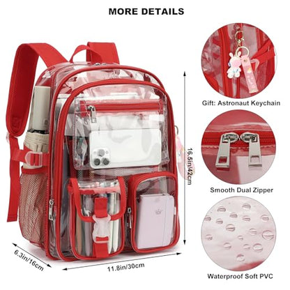 Clear Backpack Heavy Duty Transparent Backpacks Stadium Approved for School Work Sport Travel (Red) - color: Red