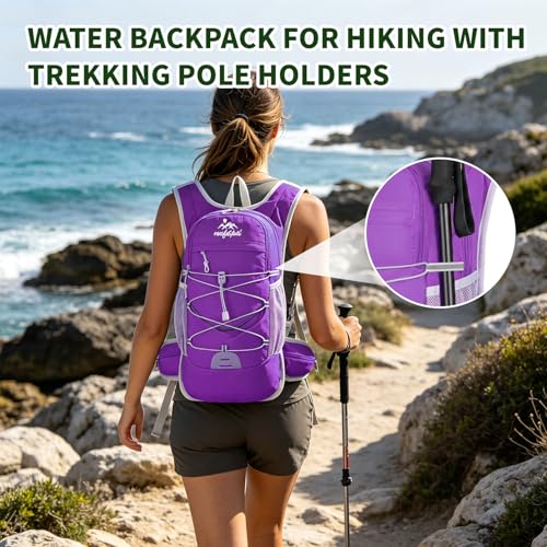 Hydration Backpack with 2L Water Bladder - 20L Water Backpack for Hiking, Cycling, Running, Biking, Lightweight Hiking Pack Bag for Women & Men with Trekking Pole Holders - color: purple with 2L water bladder