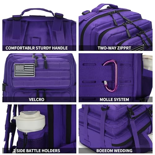 Sparklekle Military Tactical Backpack 45L 3 Day Assault Pack Waterproof Molle Hiking Rucksack for Men&Women (Purple) - color: Purple, size: 45L