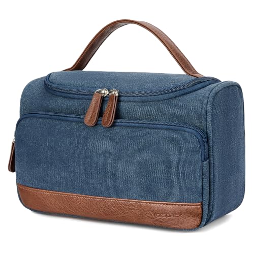 Vorspack Structured Canvas Toiletry Bag for Men, Upright Travel Bag with Wet Pocket, Wide Opening Bathroom Organizer for Shaving, Grooming, Skincare, Travel Essentials, Medium-Navy Blue - color: Navy Blue, size: Medium