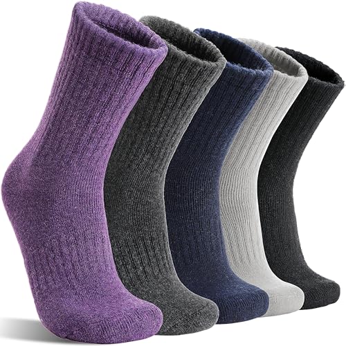 MOGGEI 5 Pairs Womens Merino Wool Socks Hiking Warm Winter Thick Thermal Crew Cozy Cabin Ladies Gift Comfy Boot Work Socks - color: Solid Color B