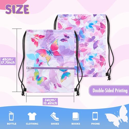 WAWASAM Kids Drawstring Backpack, Gym Swim Bag Cinch Bag for Girls Boys with Zipper Pocket - color: Butterfly