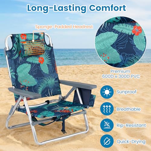 COSTWAY Portable Folding Backpack Beach Chairs Set of 2 with 5-Position Backrest, Padded Headrest, Cup Holder & Ice Bag for Lawn, Poolside (Palm Tree Green) - color: Palm Tree Green