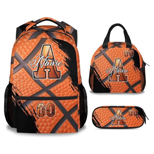Mercuryelf Personalized Basketball Backpack for Boys - Custom Kids School Bookbag Set with Lunch Box 17 Inch Large Capacity Daypack - color: Orange