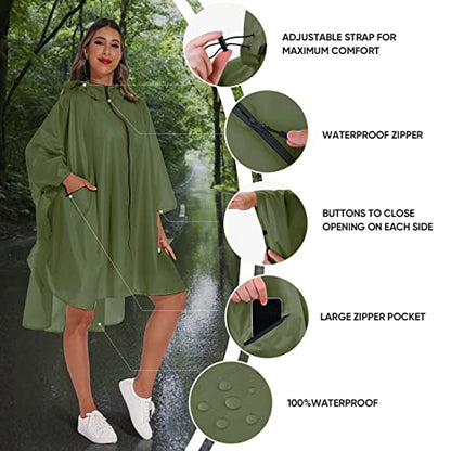 PTEROMY Hooded Rain Poncho for Adult with Pocket and Zipper, Waterproof Lightweight Raincoat for Men and Women - color: Green