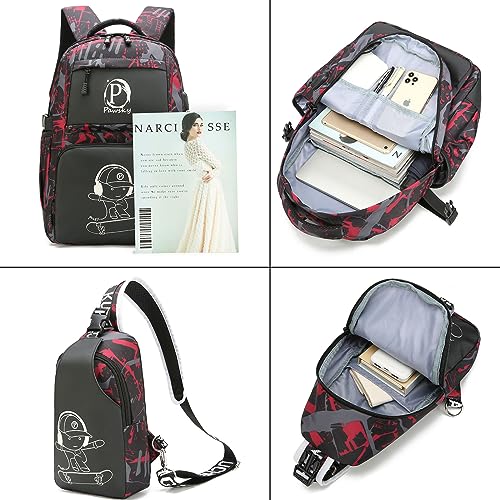 Skateboard Anime Luminous Backpack School Backpack with USB Charging Port for Teen Boys, College School Bookbag Lightweight Laptop Bag with Sling Bag Set, Red - style: Skateboard-red1