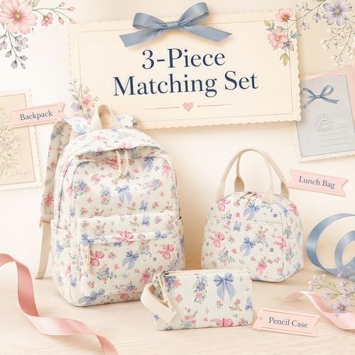 Bluboon School Backpack Set Girls Womens Laptop Bookbag Casual Daypack Fits 15 inch Laptop with Lunch Tote Bag and Pencil Bag - color: Pink Blue Bow 236 Beige