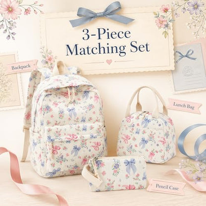 Bluboon School Backpack Set Girls Womens Laptop Bookbag Casual Daypack Fits 15 inch Laptop with Lunch Tote Bag and Pencil Bag - color: Pink Blue Bow 236 Beige