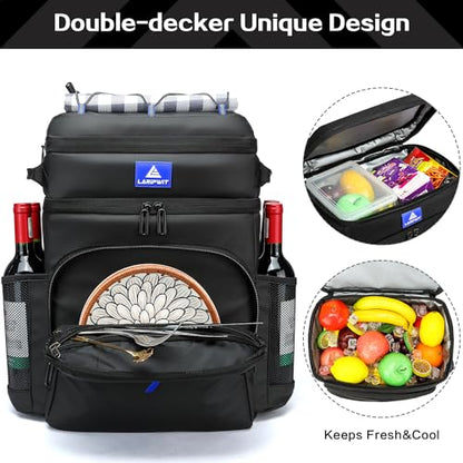 Laripwit Picnic Backpack Cooler Bag - 54 Cans Black Cooler Backpack Insulated Leak-Proof Lunch Backpack with Cooler Compartment Large Double Deck Soft Cooler Bag for Beach,Camping,Travel - color: Black-with Stretchy Strap