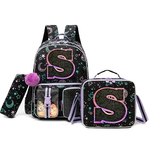 HTgroce Backpacks for Girls School Bag Kids Black Bookbag for Elementary Students Kids Backpack with Lunch Box and Pencil Case - color: Black, style: S