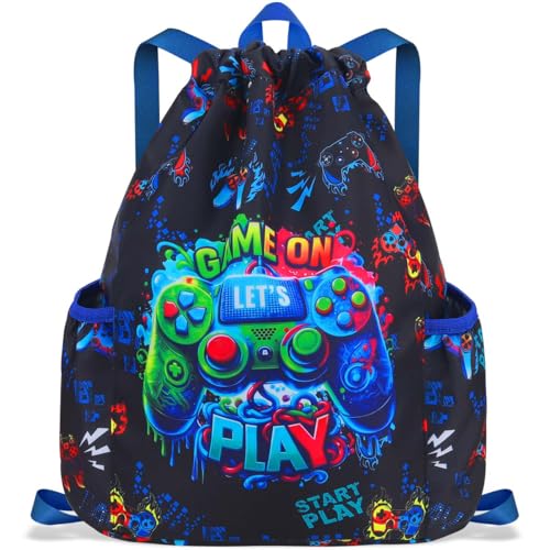 RHCPFOVR Drawstring Backpack for Kids - Game Bags for Girls Gym Dance Beach Swim Travel Bag With Two Water Bottle Holder - color: Dinosaur