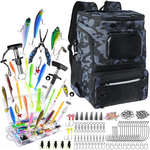 Fishing Backpack with Rod Holder and Tackle Boxes, Cooler, Large 50L Fishing Gear Bag with 139 Fishing Lures Kit, Fish Tool Set, Fish Gifts for Men Woman-Camo Backpack - color: Camo