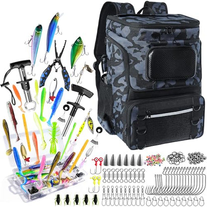 Fishing Backpack with Rod Holder and Tackle Boxes, Cooler, Large 50L Fishing Gear Bag with 139 Fishing Lures Kit, Fish Tool Set, Fish Gifts for Men Woman-Camo Backpack - color: Camo