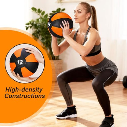 12lb Slam Medicine Ball Weighted Fitness Workout Ball with Rubber Shell Textured Grip for Core Strength, Exercise, Cardio, Balance and Flexibility Improves