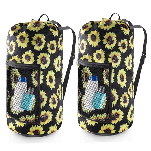 Olosar Laundry Bag Backpack, 2PCS Extra Large Travel Laundry Bag with Mesh Pocket & Adjustable Shoulder Straps,Dirty Clothes Travel Bag for College Students Dorm,Apartment(Sunflower) - color: Sunflower, size: 2Pack