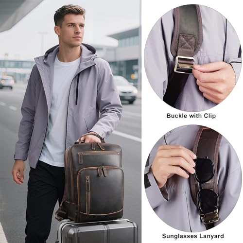 TIDING Full Grain Leather Laptop Backpack for Men, Vintage 15.6 Inch Computer Work Bag College Business Casual Daypack