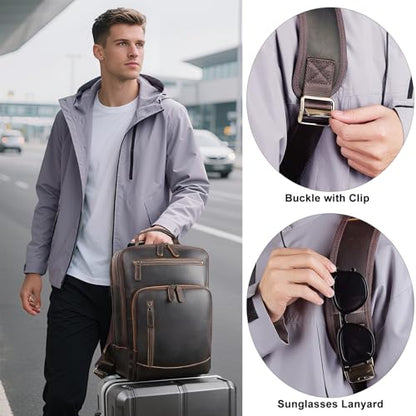TIDING Full Grain Leather Laptop Backpack for Men, Vintage 15.6 Inch Computer Work Bag College Business Casual Daypack