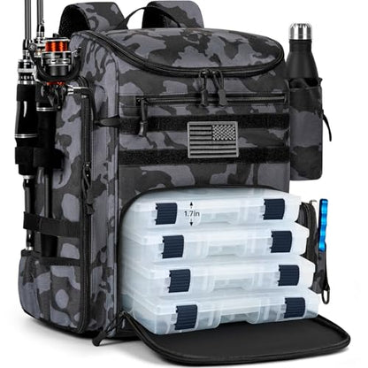 40L Fishing Backpack Water Resistant Fishing Tackle Bag with 2 Rod Holders, Tackle Storage Bag for Anglers（Black camo,Bag Only - color: Black Camo