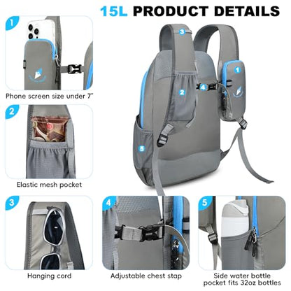 Seektop 15L Small Lightweight Hiking Backpack for Men Women Foldable Packable UltraLight Daypack for Travel Daily Outdoor - color: Gray