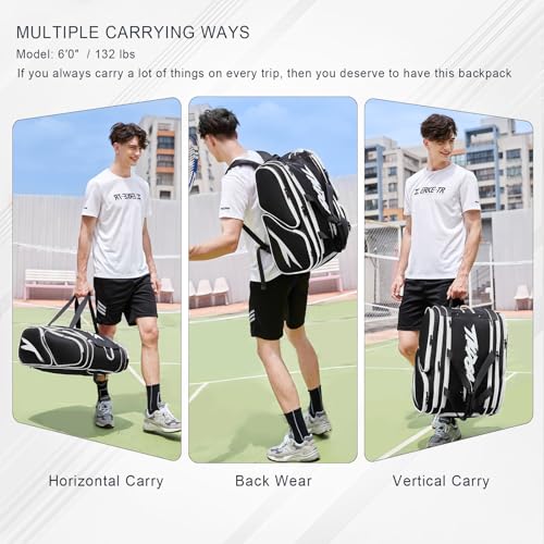 TILDOSAC Pickleball Bag - Large Paddle Bag for 4 Paddles & Accessories - Fence Hook, Extra Pockets, Shoe Compartment - color: Blcak-White